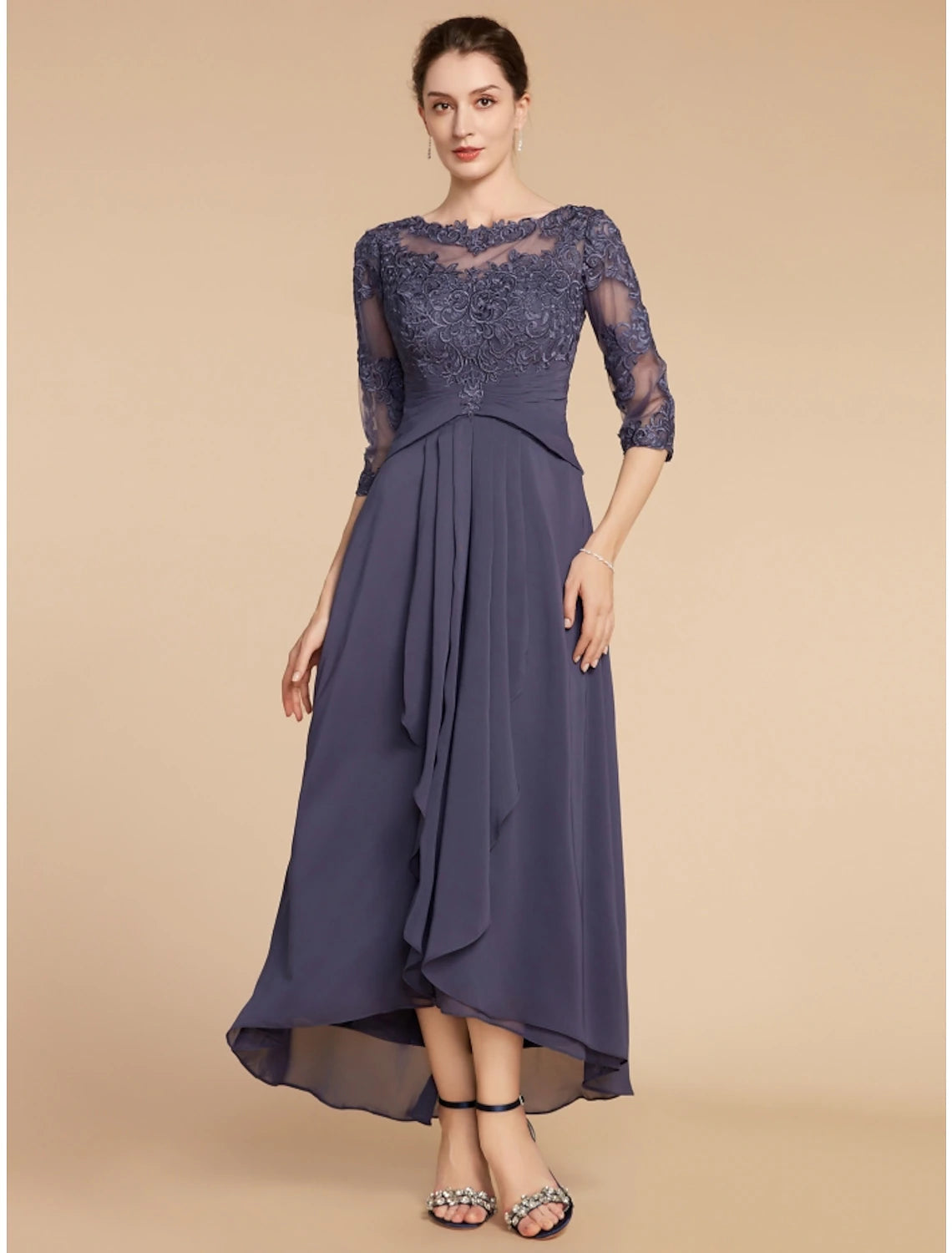 Luolandi A-Line Mother of the Bride Dress Wedding Guest Elegant Scoop Neck Ankle Length Chiffon Lace 3/4 Length Sleeve
