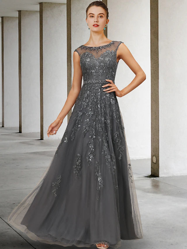 Luolandi A-Line Mother of the Bride Dress Luxurious Elegant Jewel Neck Floor Length Lace Tulle Sleeveless with Sash Beading Sequin