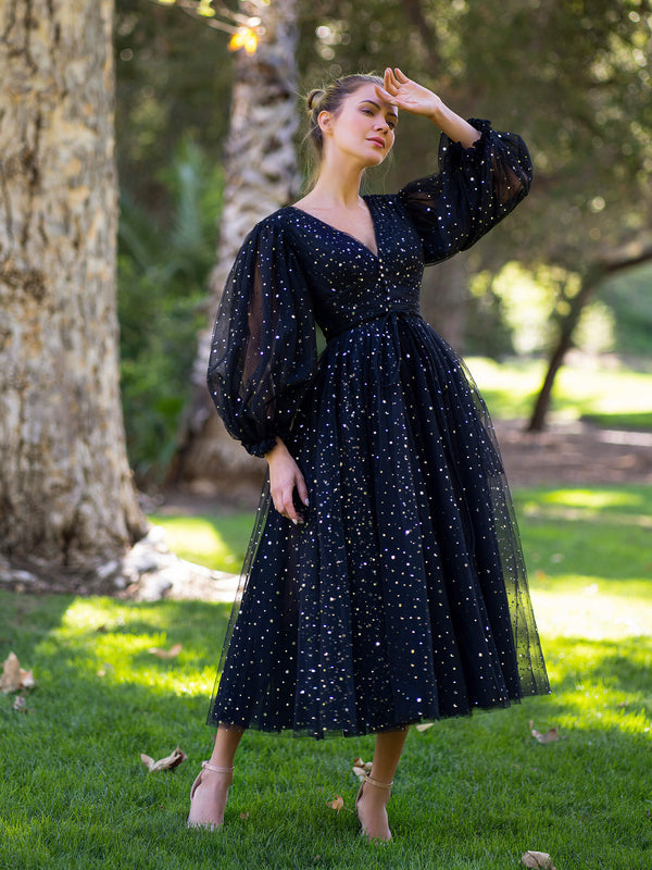 Luolandi Starry Night V-Neck A Line Long Sleeve Sparkly Evening Dress Sexy