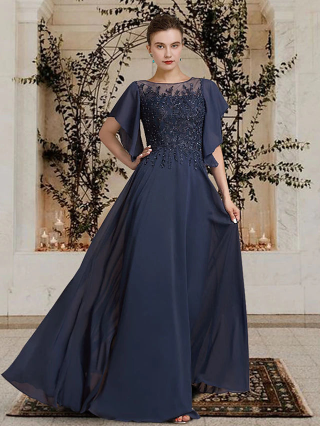 Luolandi A-Line Mother of the Bride Dress Elegant Jewel Neck Floor Length Chiffon Lace Short Sleeve with Beading
