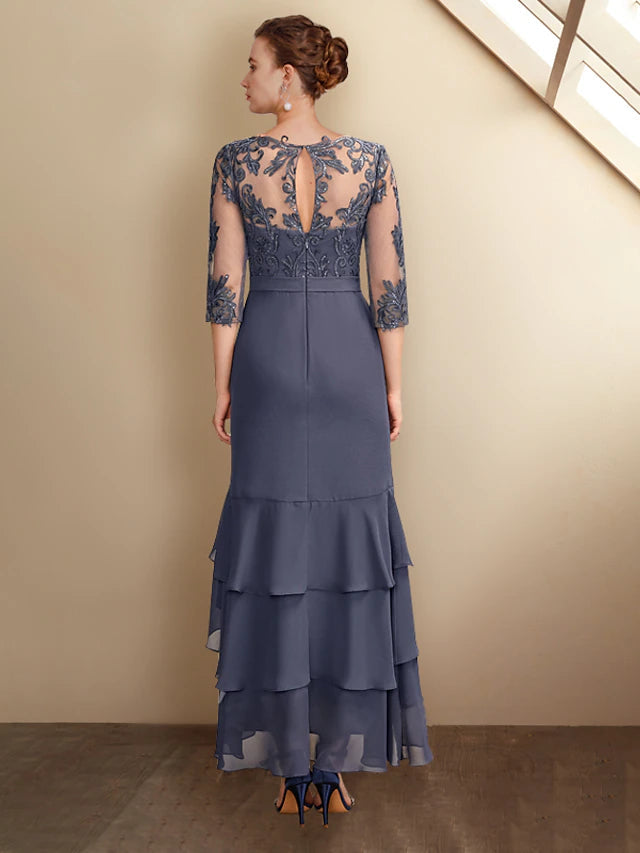 Luolandi A-Line Mother of the Bride Dress Plus Size Elegant High Low V Neck Asymmetrical Ankle Length Chiffon Lace 3/4 Length Sleeve with Sequin Appliques