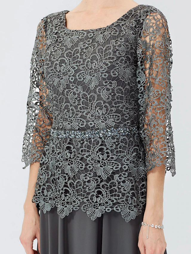 Luolandi Ball Gown A-Line Mother of the Bride Dress Formal Classic & Timeless Elegant & Luxurious Elegant Scoop Neck Floor Length Chiffon Corded Lace 3/4 Length Sleeve with Beading