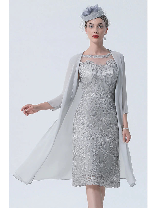 Luolandi Two Piece Mother of the Bride Dress Church Vintage Plus Size Sexy Jewel Neck Tea Length Chiffon 3/4 Length Sleeve