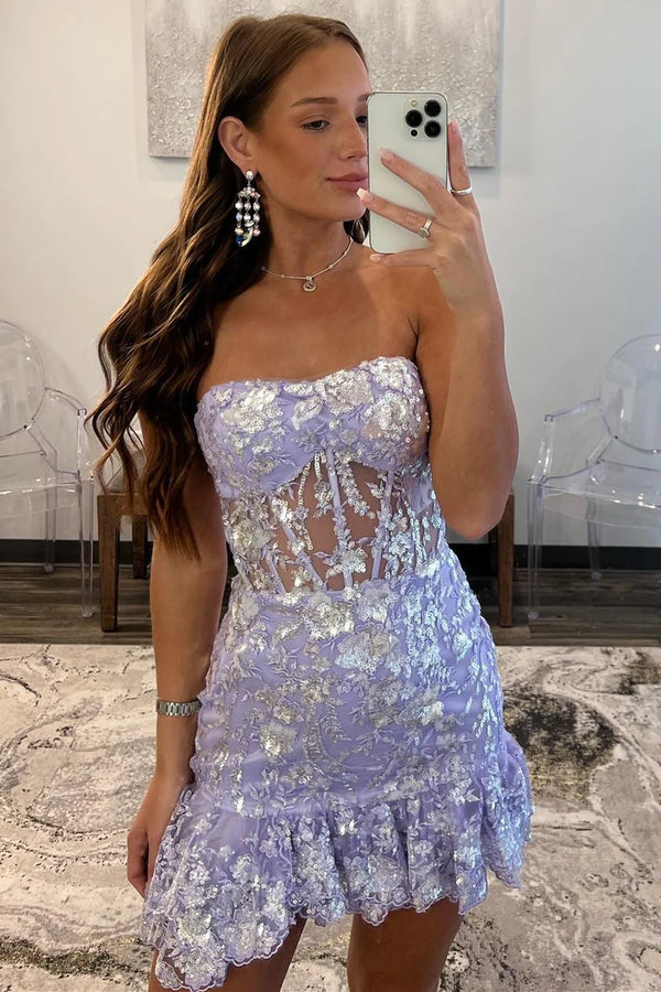 Luolandi Charming Strapless Homecoming Dresses Tight Mini Dress Short Graduation Dress with Ruffles Sparkly Party Dress