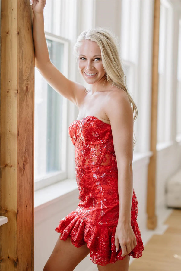 Luolandi Charming Strapless Homecoming Dresses Tight Mini Dress Short Graduation Dress with Ruffles Sparkly Party Dress