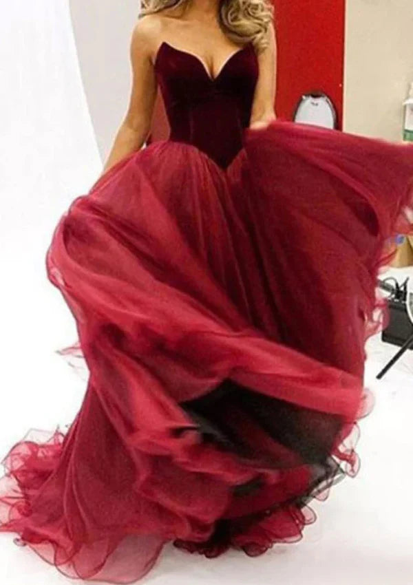Luolandi Strapless Organza Velvet Burgundy/Crimson Party Gown Pageant Prom Dress Off Shoulder Sexy