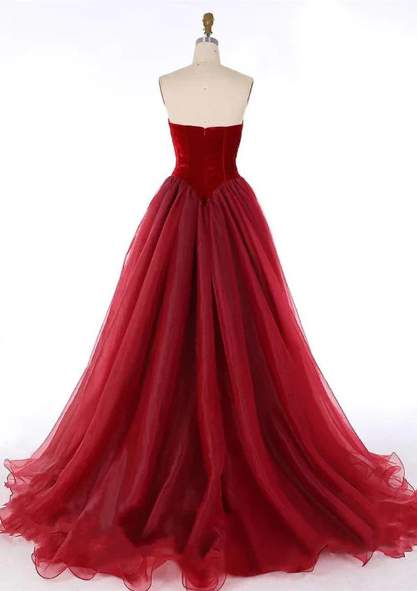 Luolandi Strapless Organza Velvet Burgundy/Crimson Party Gown Pageant Prom Dress Off Shoulder Sexy