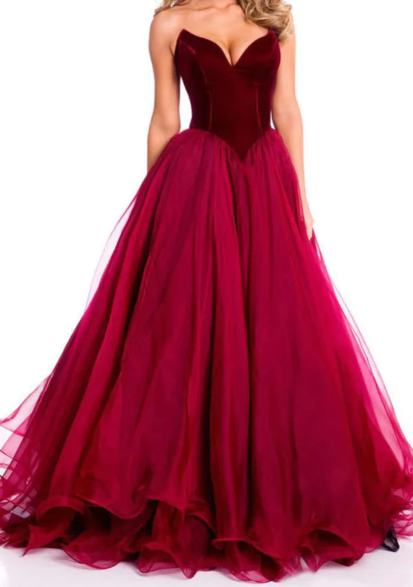 Luolandi Strapless Organza Velvet Burgundy/Crimson Party Gown Pageant Prom Dress Off Shoulder Sexy
