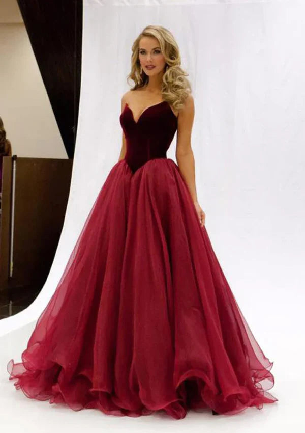 Luolandi Strapless Organza Velvet Burgundy/Crimson Party Gown Pageant Prom Dress Off Shoulder Sexy