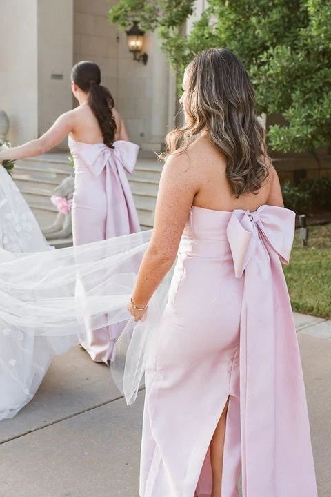 Luolandi Strapless Pink Scoop Pleated Satin Long Bridesmaid Dress With Bow Charming Party Dress