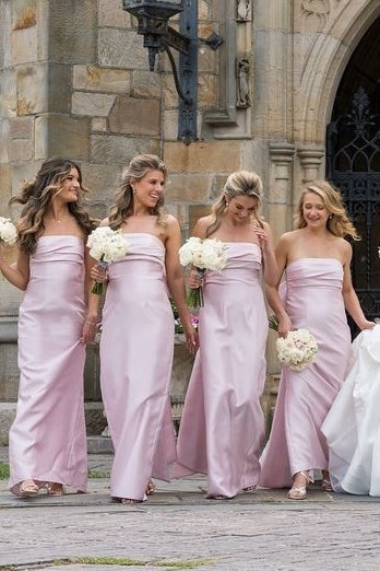 Luolandi Strapless Pink Scoop Pleated Satin Long Bridesmaid Dress With Bow Charming Party Dress