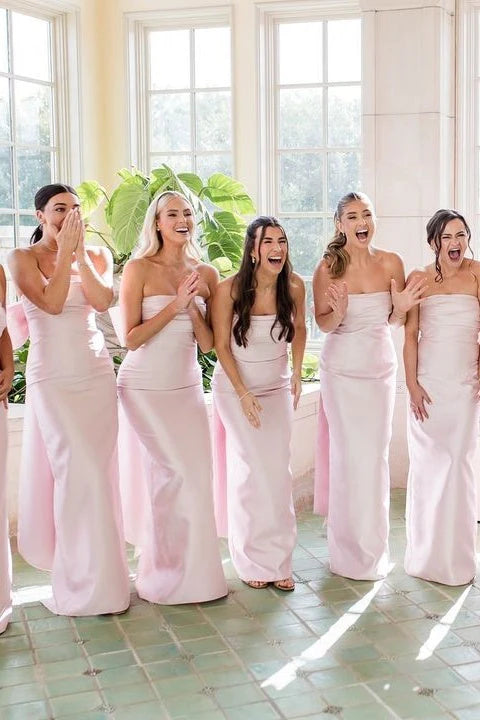 Luolandi Strapless Pink Scoop Pleated Satin Long Bridesmaid Dress With Bow Charming Party Dress