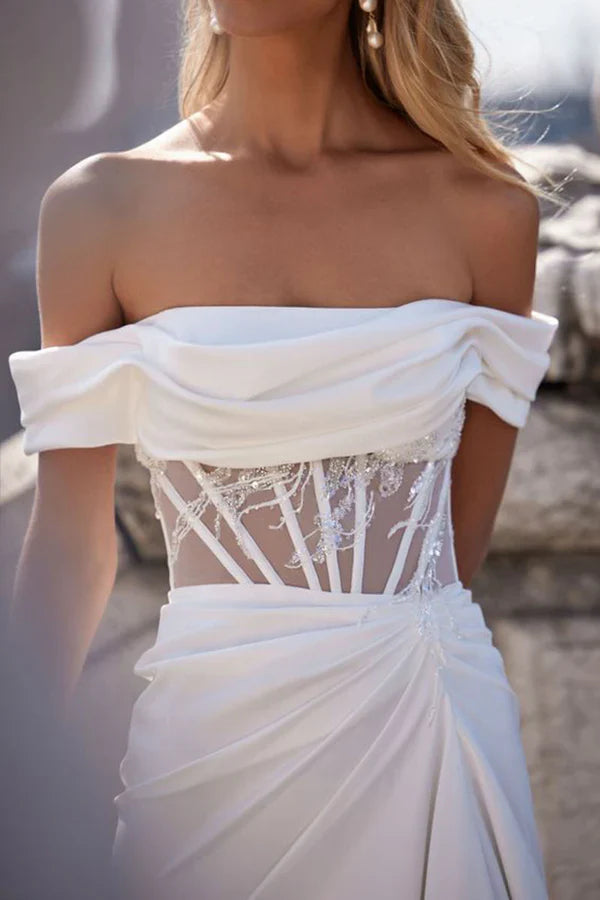 Luolandi Strapless satin pleated short sleeved Bohemian mermaid wedding dress Sexy