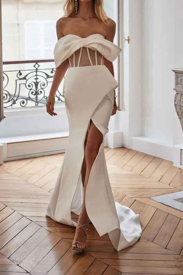 Luolandi Unique strapless satin fishtail wedding dress with slit bride dress Off Shoulder Sexy