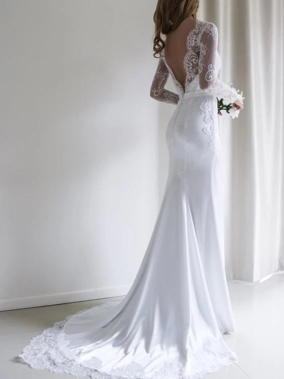 Luolandi Stunning Acetate Satin Bateau Neckline Mermaid Wedding Dresses With Appliques Long Sleeves Elegant