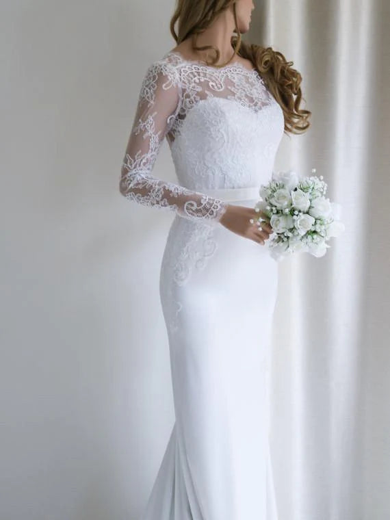 Luolandi Stunning Acetate Satin Bateau Neckline Mermaid Wedding Dresses With Appliques Long Sleeves Elegant