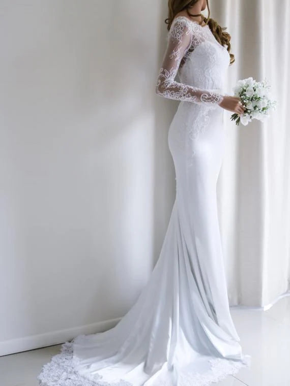Luolandi Stunning Acetate Satin Bateau Neckline Mermaid Wedding Dresses With Appliques Long Sleeves Elegant
