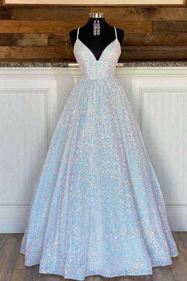 Luolandi Stunning Pink Sequins A-Line Long Prom Dress V-neck Sparkly Evening Dress