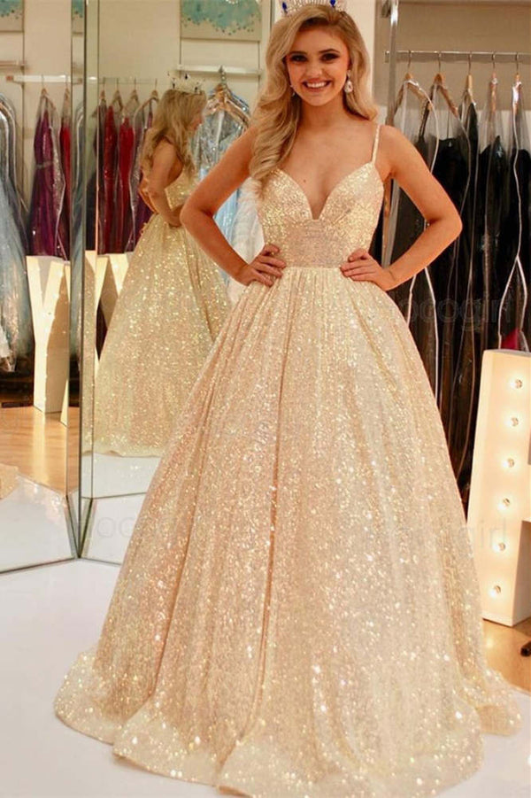 Luolandi Stunning Pink Sequins A-Line Long Prom Dress V-neck Sparkly Evening Dress