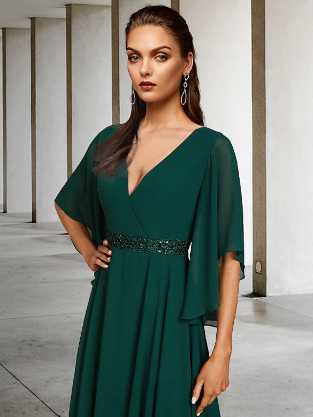 Luolandi A-Line Mother of the Bride Dress Elegant V Neck Sweep / Brush Train Chiffon Half Sleeve