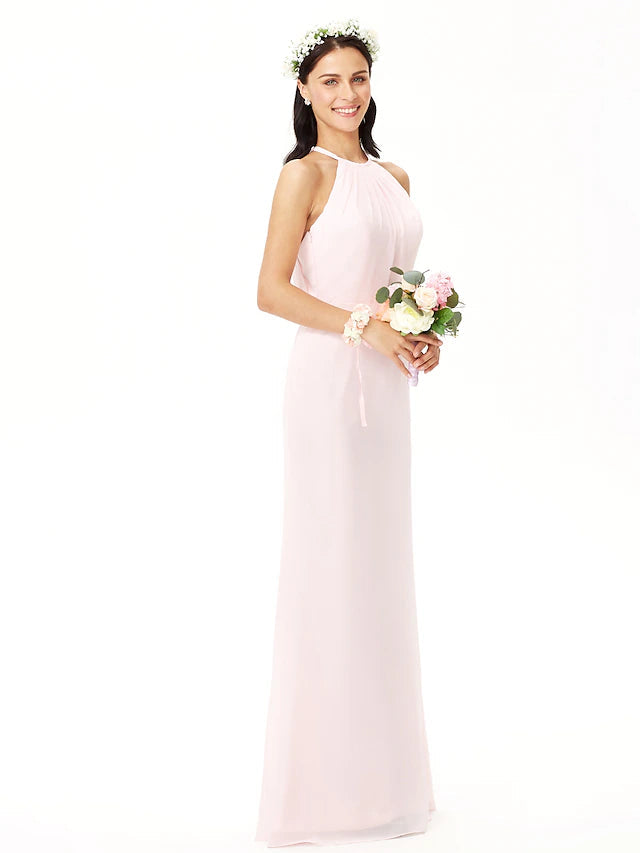 Luolandi Sheath / Column Bridesmaid Dress Jewel Neck Sleeveless Elegant Floor Length Chiffon