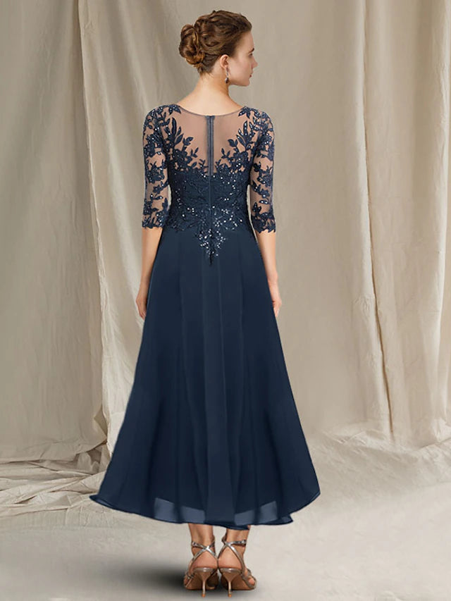 Luolandi A-Line Mother of the Bride Dress Elegant Sparkle & Shine High Low V Neck Asymmetrical Tea Length Chiffon Lace Half Sleeve with Sequin Ruffles