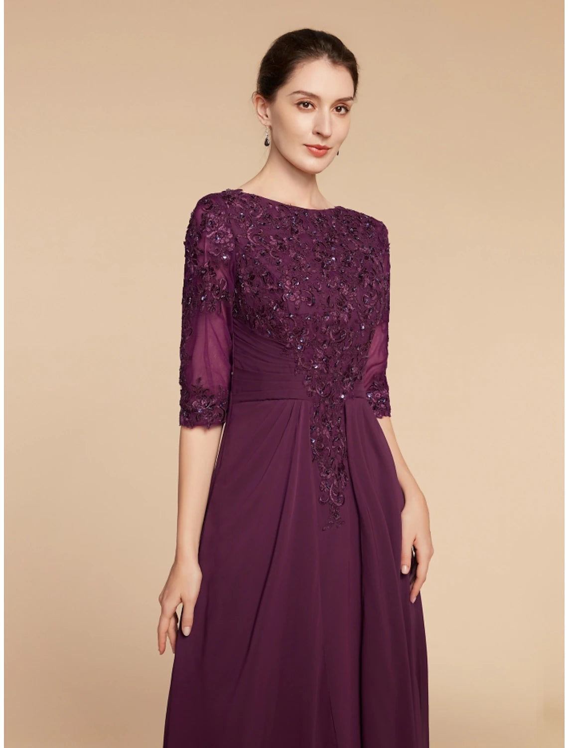 Luolandi Sheath / Column Mother of the Bride Dress Wedding Guest Elegant Scoop Neck Floor Length Chiffon Lace Half Sleeve with Pleats