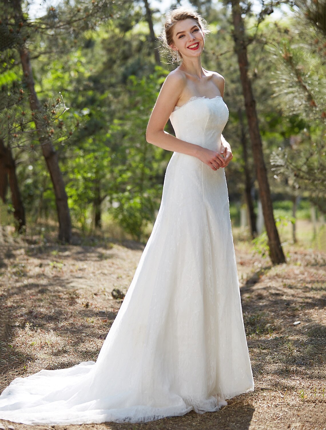 Luolandi Wedding Dresses A-Line Strapless Sleeveless Court Train Satin Bridal Gowns