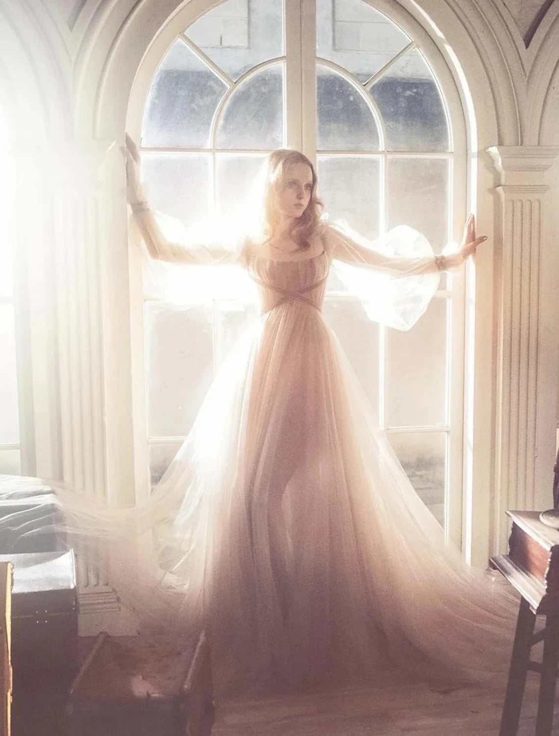 Luolandi A-Line Elegant Boho Engagement Formal Evening Birthday Dress Scoop Neck Long Sleeve Sweep / Brush Train Tulle with Pleats