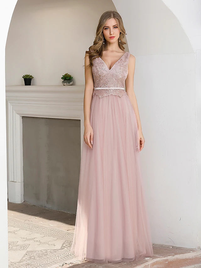 Luolandi A-Line Evening Gown Elegant Dress Wedding Guest Floor Length Sleeveless V Neck Satin V Back with Sash / Ribbon