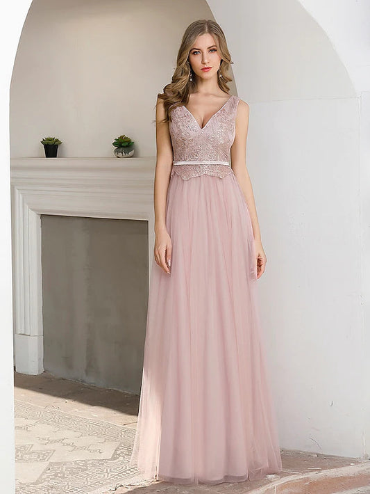 A-Line Evening Gown Elegant Dress Wedding Guest Floor Length Sleeveless V Neck Satin V Back with Sash / Ribbon