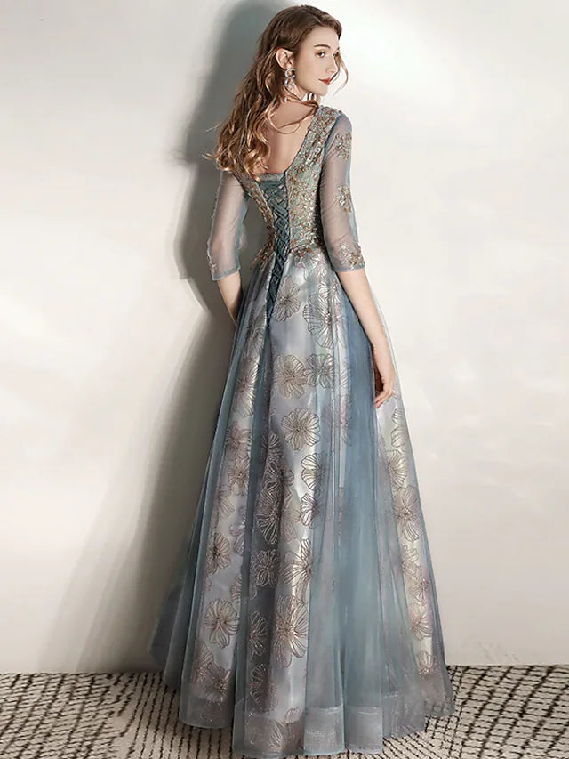 Luolandi A-Line Prom Dresses Elegant Dress Engagement Floor Length Half Sleeve V Neck Tulle with Pleats Pattern / Print