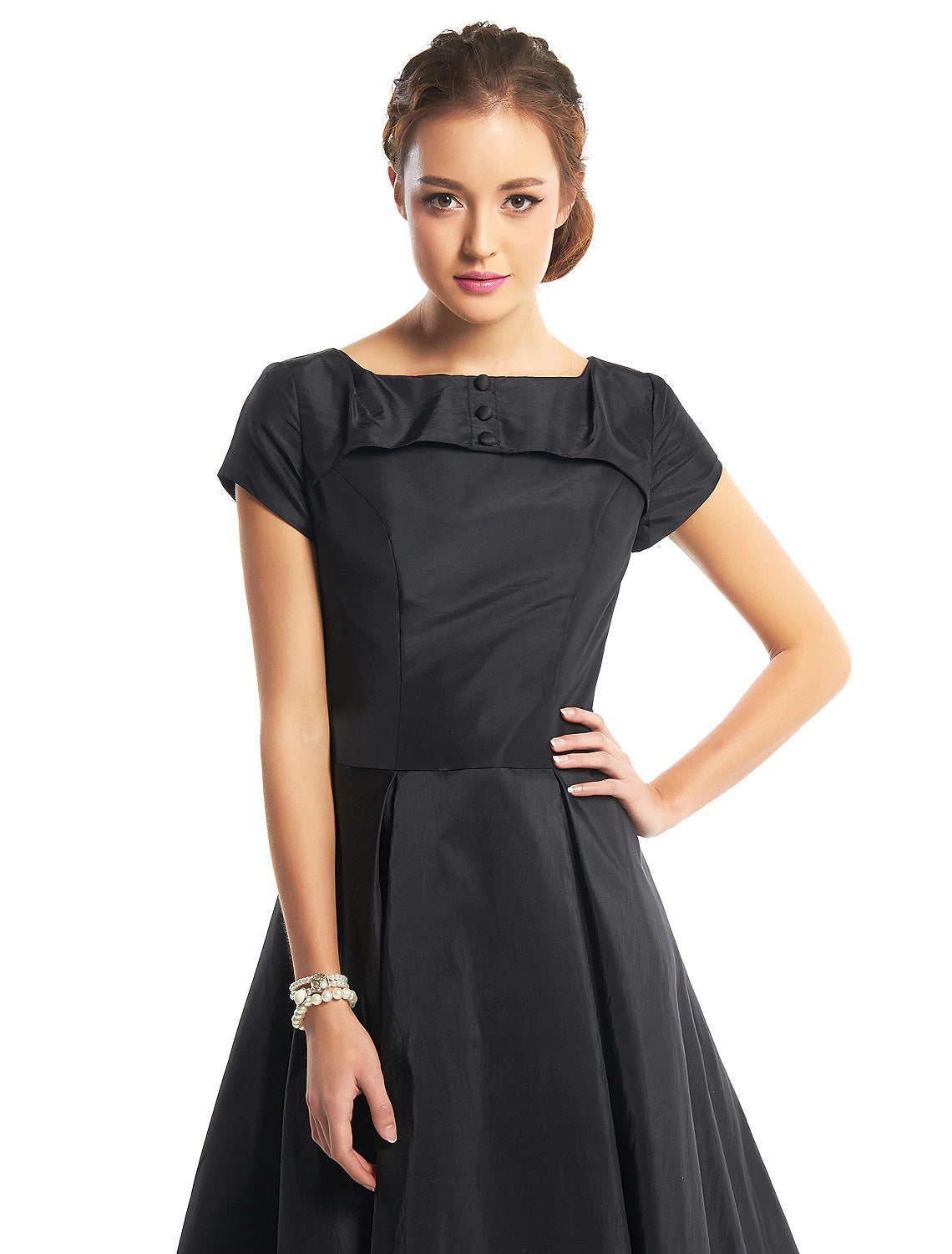 Luolandi A-Line Black Dress Vintage Homecoming Wedding Guest Tea Length Short Sleeve Boat Neck Taffeta