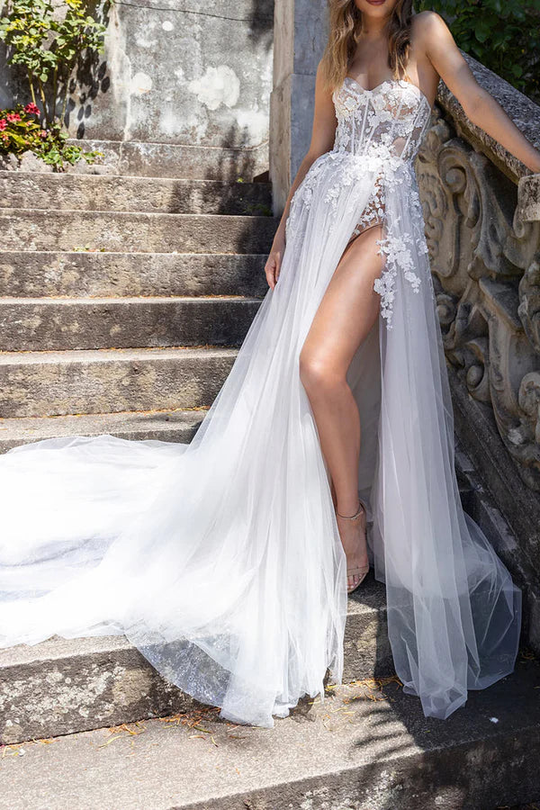 Luolandi A Line Sweetheart Lace Applique Bohemian Split Wedding Dress Off Shoulder Floor Length Sexy