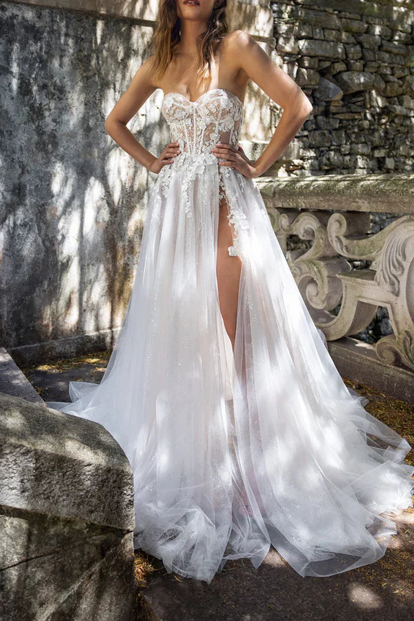 Luolandi A Line Sweetheart Lace Applique Bohemian Split Wedding Dress Off Shoulder Floor Length Sexy