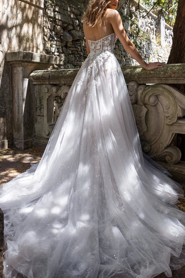 Luolandi A Line Sweetheart Lace Applique Bohemian Split Wedding Dress Off Shoulder Floor Length Sexy