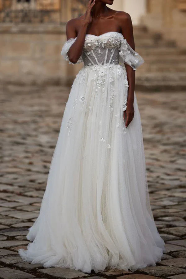 Luolandi A Line Sweetheart 3D Decal Countryside Style Wedding Dress with Sweeping Train Sexy