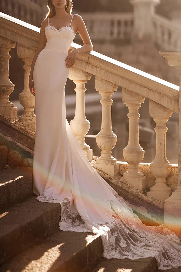 Luolandi Romantic Fine Shoulder Strap Lace Applique Palace Train Fishtail Wedding Dress Beautiful