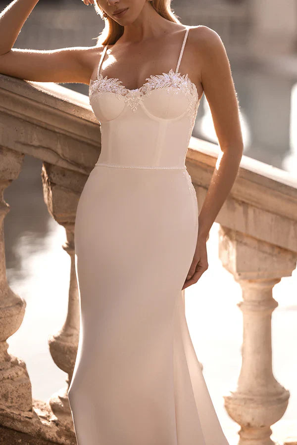 Luolandi Romantic Fine Shoulder Strap Lace Applique Palace Train Fishtail Wedding Dress Beautiful