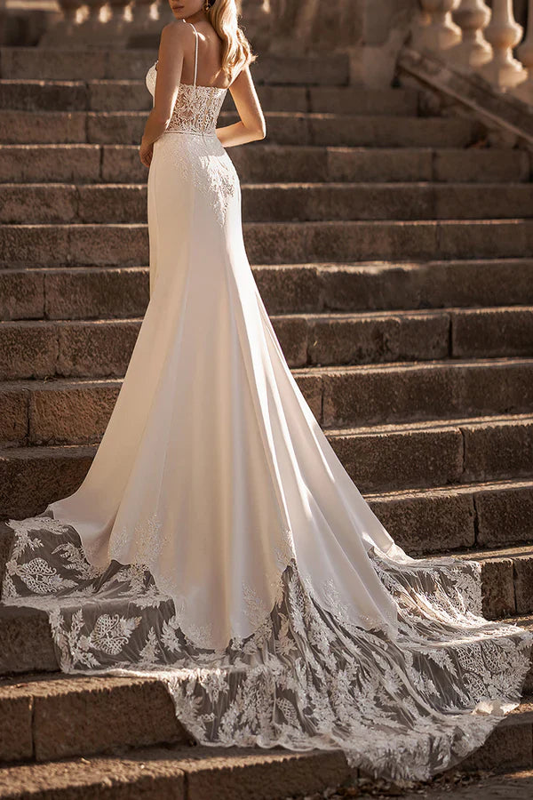 Luolandi Romantic Fine Shoulder Strap Lace Applique Palace Train Fishtail Wedding Dress Beautiful