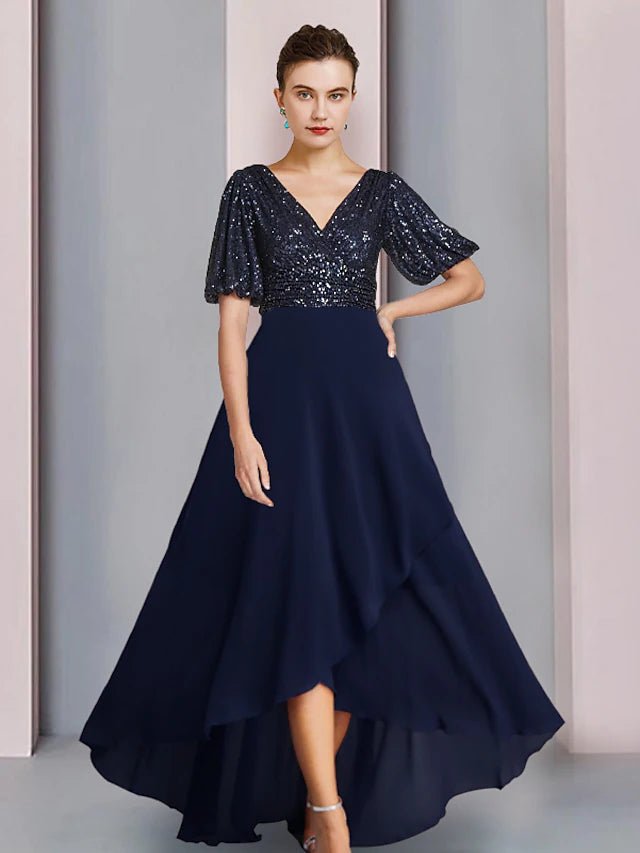 Luolandi Sheath / Column Mother of the Bride Dress Wedding Guest Party Sparkle & Shine V Neck Asymmetrical Chiffon Sequined Short Sleeve with Pleats