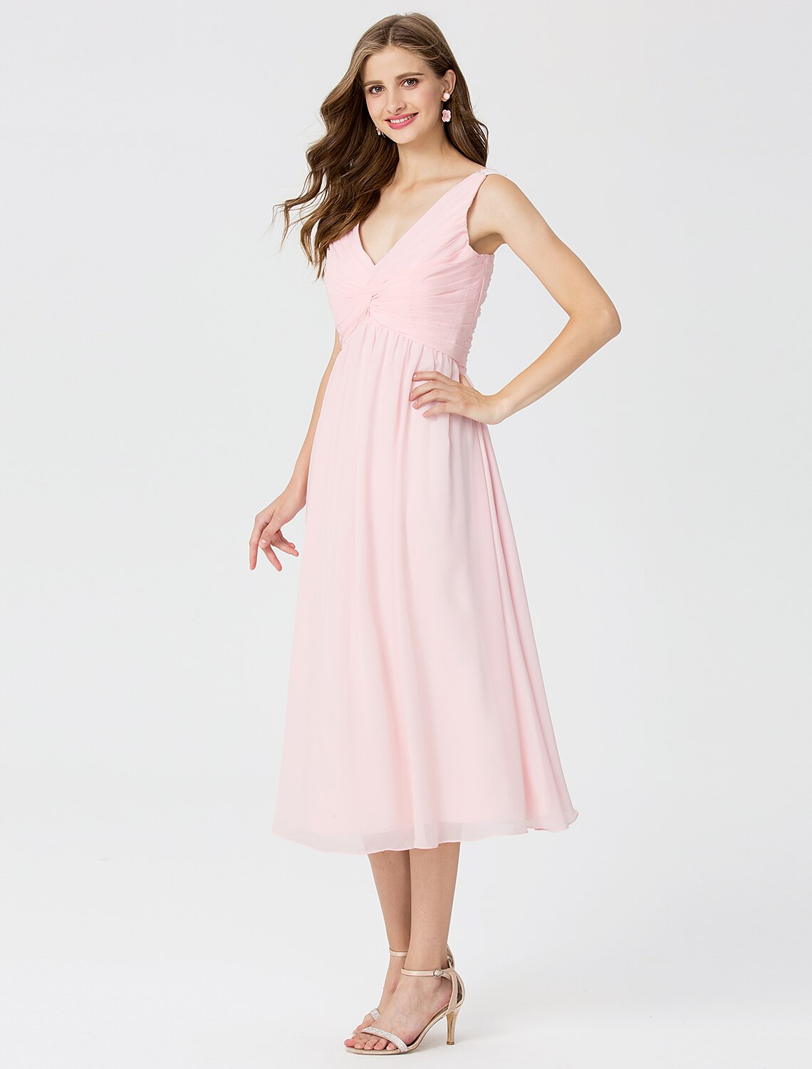 Luolandi Ball Gown / A-Line V Neck Tea Length Chiffon Bridesmaid Dress with Criss Cross