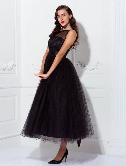 A-Line Cocktail Dresses Vintage Dress Wedding Guest Cocktail Party Ankle Length Sleeveless One Shoulder Wednesday Addams Family Tulle with Pleats Pattern