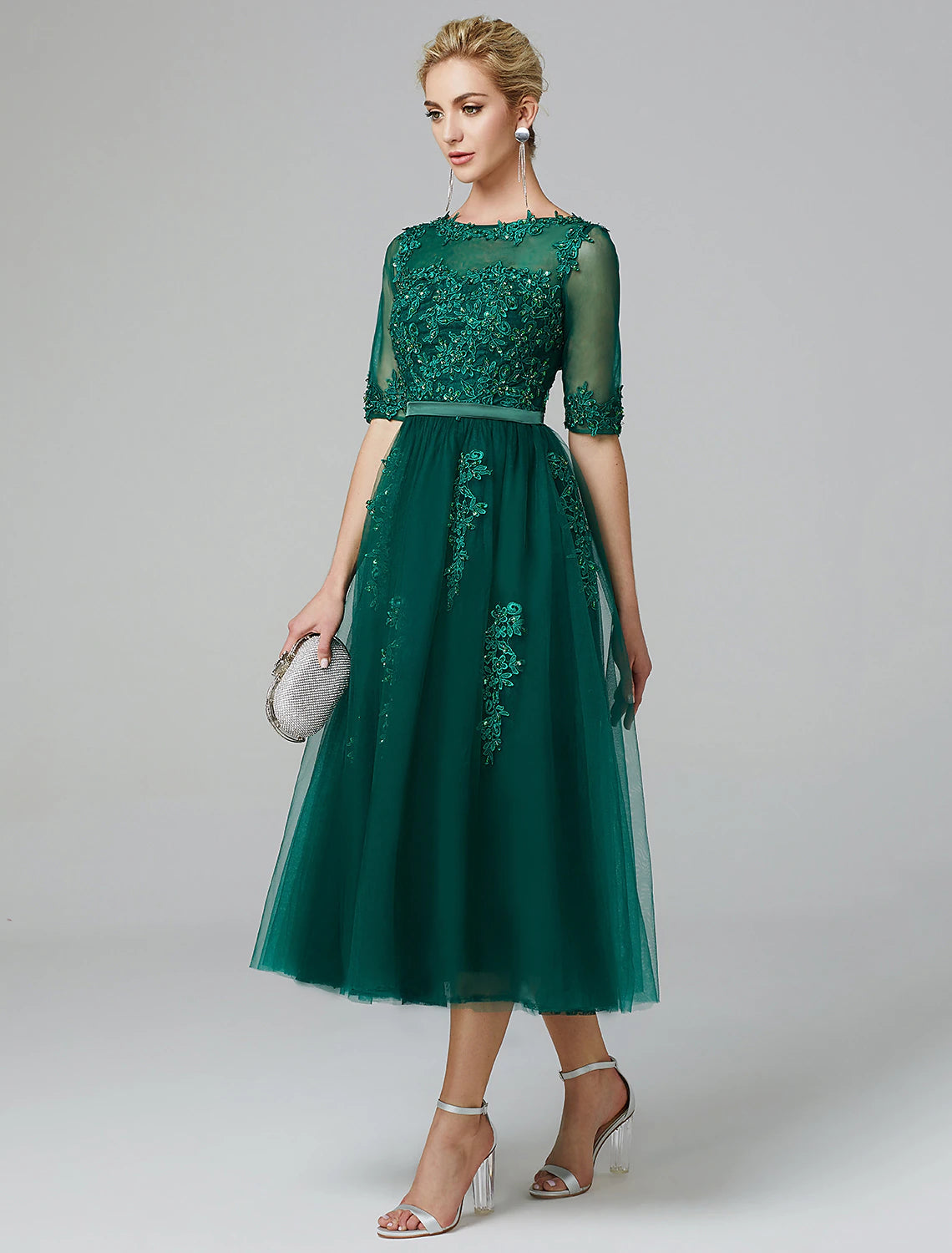 Luolandi A-Line Sparkle Dress Formal Evening Kentucky Derby Tea Length Sleeveless Illusion Neck Fall Wedding Guest Lace Over Tulle with Sequin