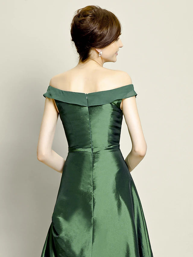 Luolandi A-Line Mother of the Bride Dress Elegant High Low Off Shoulder Asymmetrical Chiffon Taffeta Short Sleeve with Pick Up Skirt Bow(s)