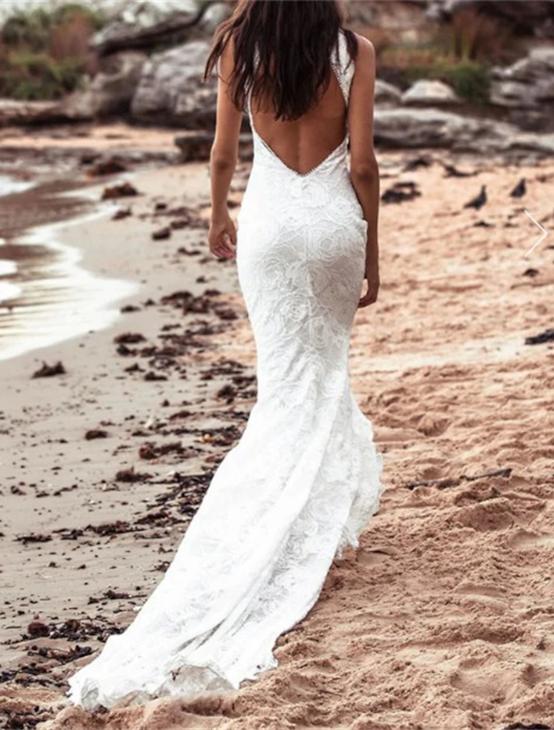 Luolandi Beach Open Back Boho Wedding Dresses Mermaid / Trumpet Halter Sleeveless Chapel Train Lace Bridal Gowns With Appliques