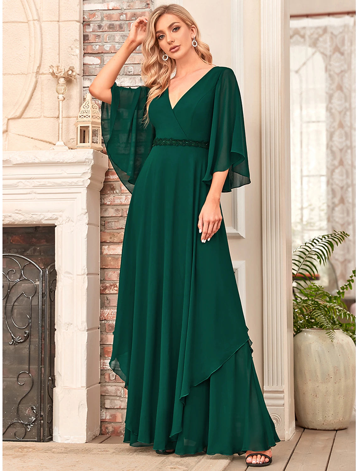 Luolandi A-Line Mother of the Bride Dress Elegant V Neck Floor Length Chiffon Half Sleeve with Sash