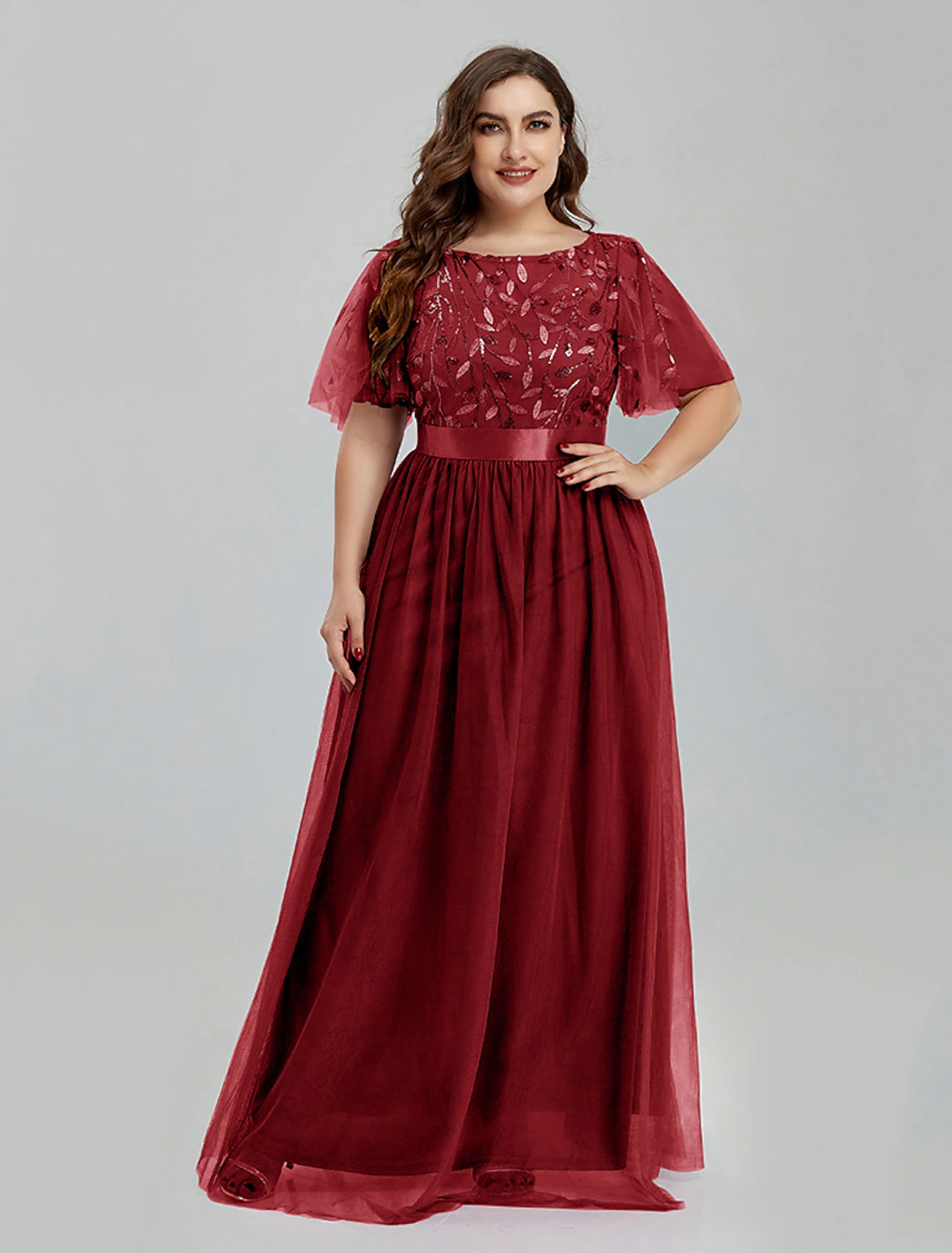 Luolandi A-Line Prom Dresses Floral Dress Party Wear Quinceanera Floor Length Short Sleeve Jewel Neck Bridesmaid Dress Tulle Wedding Guest Dress