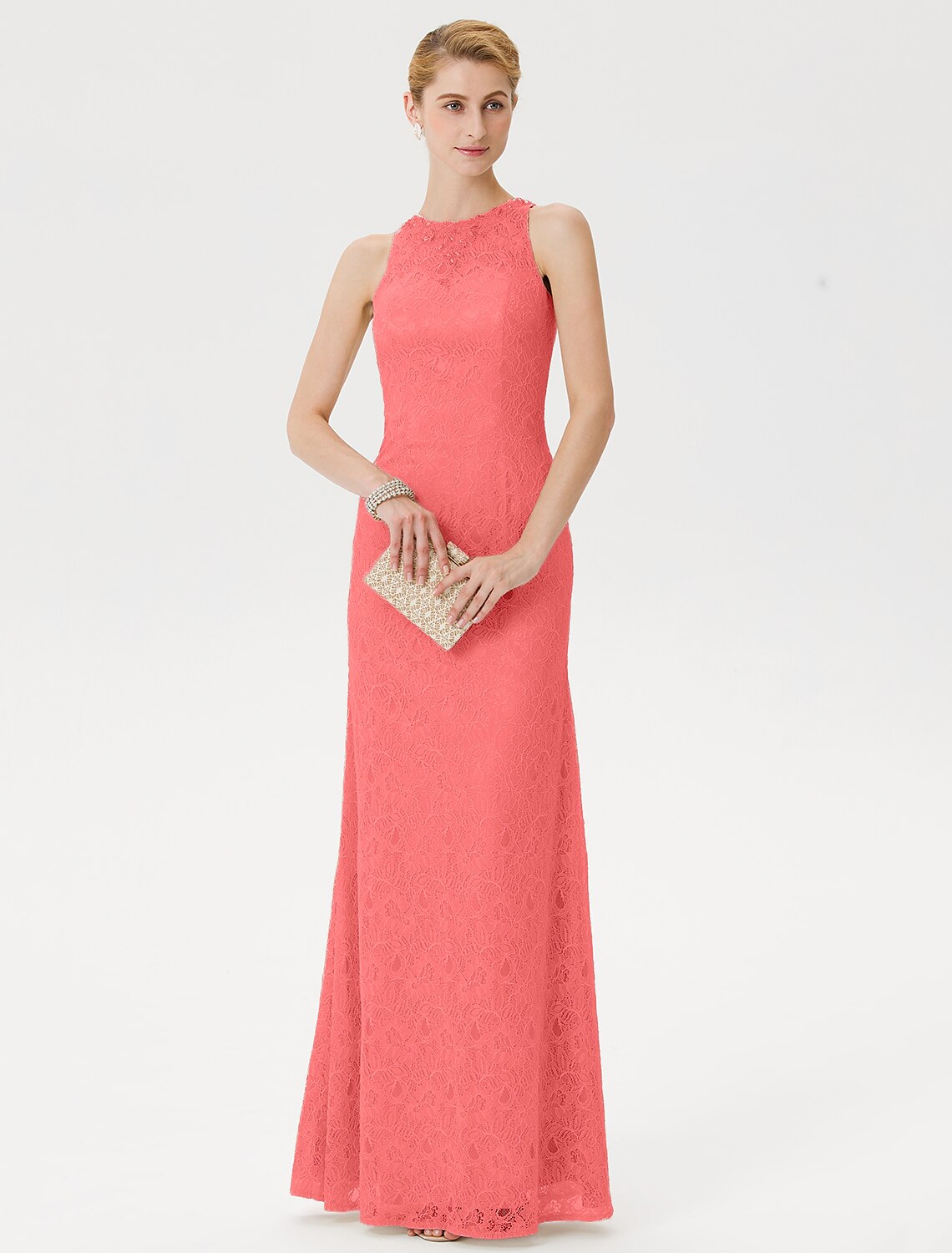 Luolandi Sheath / Column Mother of the Bride Dress Elegant See Through Illusion Neck Floor Length Lace Sleeveless with Crystals