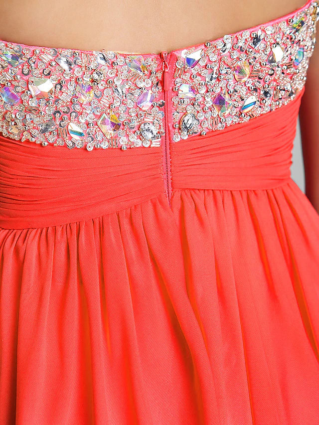 Luolandi A-Line Cute Dress Wedding Guest Short / Mini Sleeveless Sweetheart Chiffon with Ruched Crystals